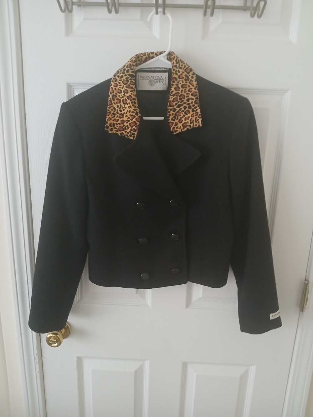 International Scene Black Cropped Peacoat with Leopard Collar